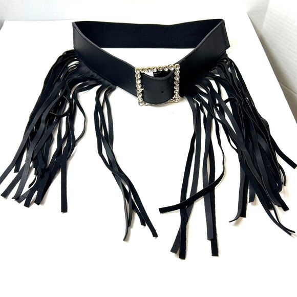 NWOT Black Fringe Clear Jeweled Buckle Elastic and Faux Leather Belt - Picture 1 of 12